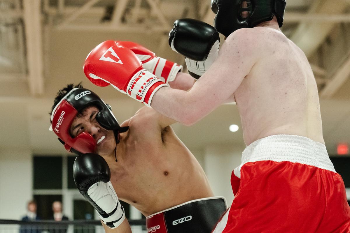 Harvard University freshman Ryan Jiang trades punches with Colin Brazas, right, a senior from the Babson Boxing Club, during a bout at Babson College in Wellesley, Mass., April 24, 2026. Boxing clubs at Harvard and other colleges are drawing new members as students look for a real-life connection. (Sophie Park/The New York Times)