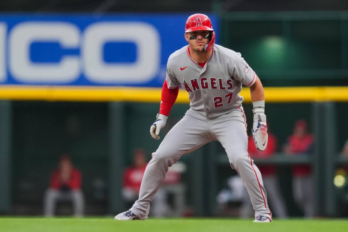  Apr 11, 2026; Cincinnati, Ohio, USA; Los Angeles Angels outfielder Mike Trout (27) takes his lead from first base against the Cincinnati Reds at Great American Ball Park. Mandatory Credit: Aaron Doster-Imagn Images 