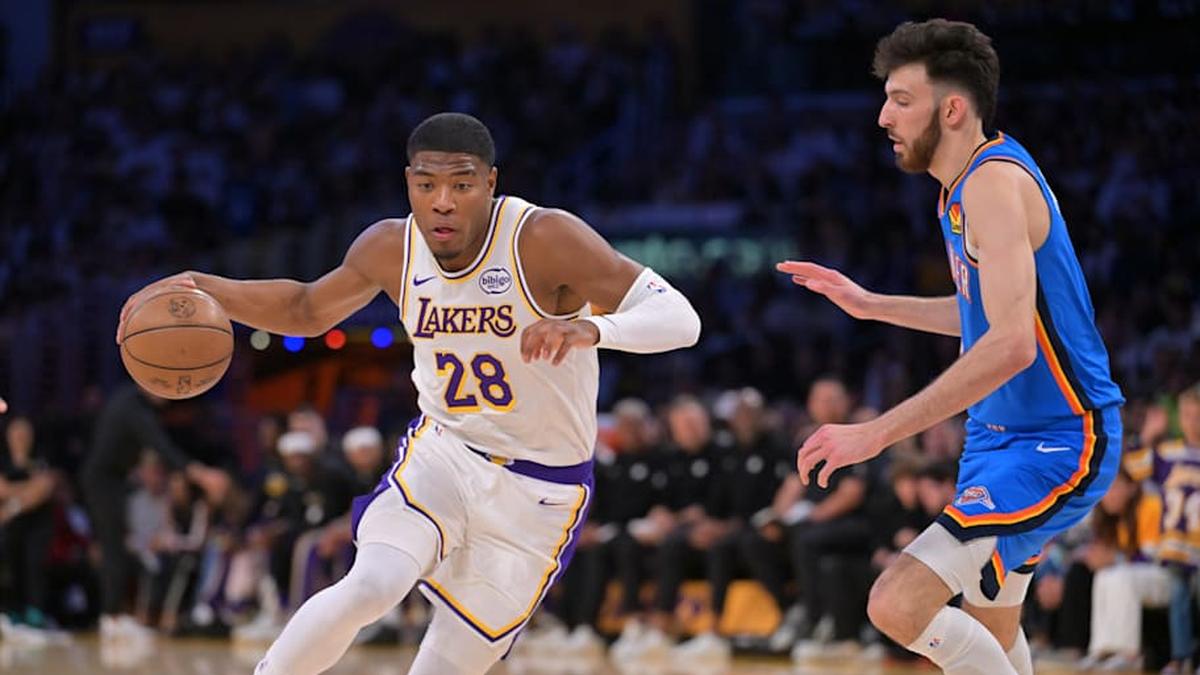  May 9, 2026; Los Angeles, California, USA; Los Angeles Lakers forward Rui Hachimura (28) is defended by Oklahoma City Thunder center Chet Holmgren (7) during the first quarter of game three of the second round of the 2026 NBA Playoffs at Crypto.com Arena. Mandatory Credit: Jayne Kamin-Oncea-Imagn Images | Jayne Kamin-Oncea-Imagn Images 