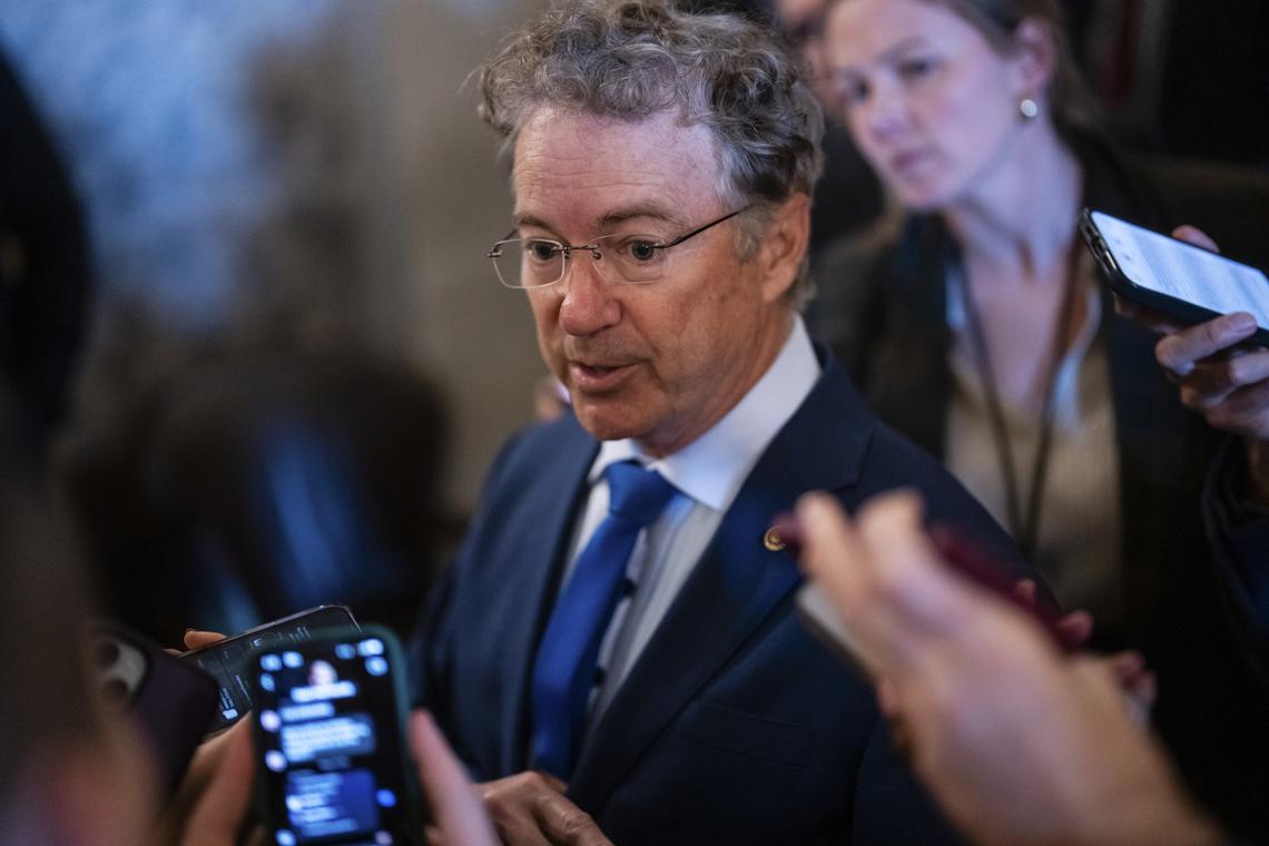 FILE -- Sen. Rand Paul (R-Ky.) speaks to reporters at the Capitol in Washington, March 4, 2026. For the fourth time since the war with Iran began, GOP senators on Wednesday successfully fended off a challenge to constrain the president in the conflict. But signs of unease set up a test for how long the enduring support will be able to withstand sustained pressure. (Eric Lee/The New York Times)