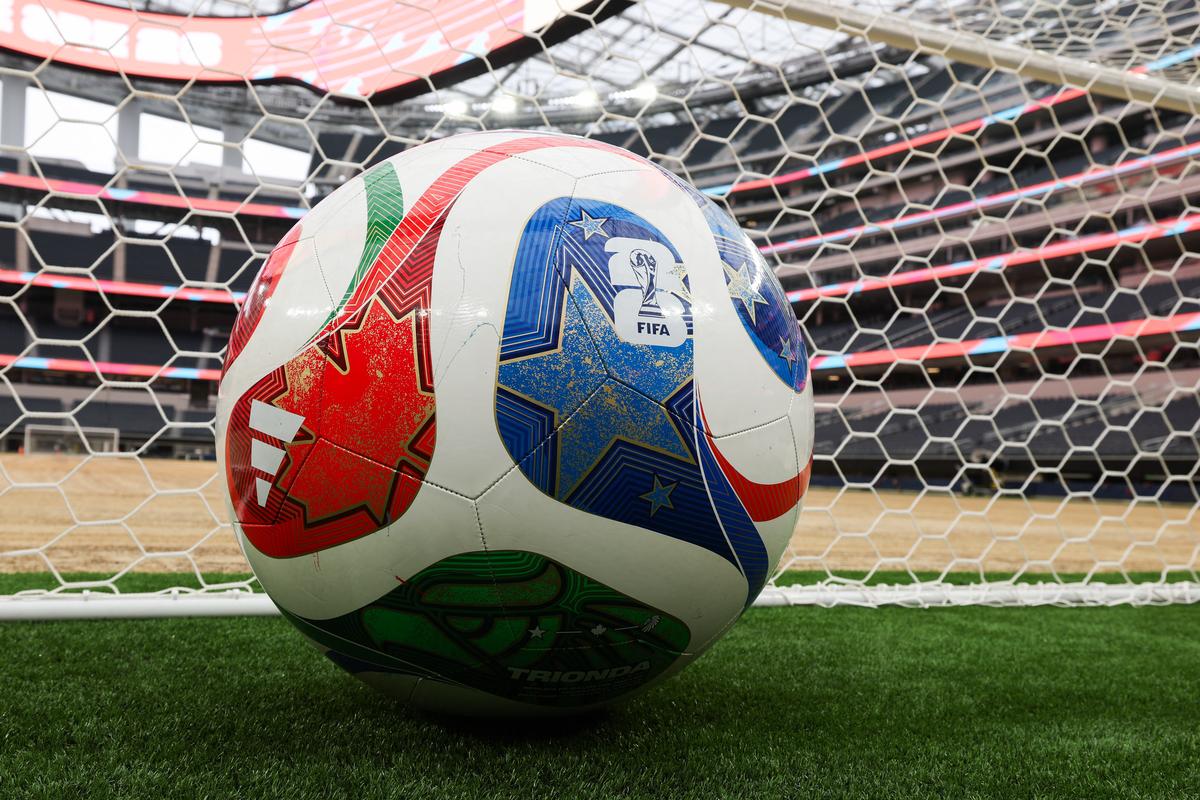  A giant ball is displayed behind a goal as an expanded pitch surface area, which required the removal of corner seating and a raised custom field platform, awaits the installation of grass during the 30 Days to FIFA World Cup 2026 media event at SoFI Stadium before the pitch installation and temporary renaming to Los Angeles Stadium in Inglewood, California on May 12, 2026. The US Men’s National Team will play their first 2026 FIFA World Cup match on June 12 against Paraguay. 