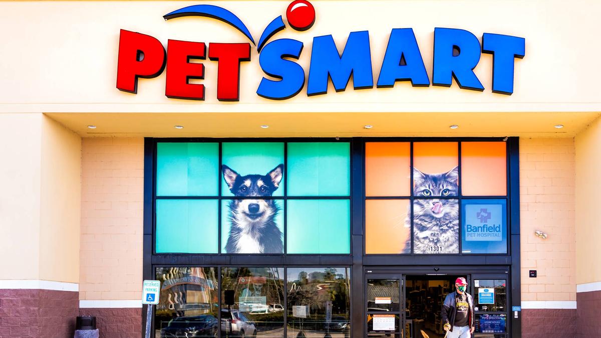Myrtle Beach, USA - February 8, 2021: Petsmart store facade on street in South Carolina for pet supplies food and Banfield animal hospital.