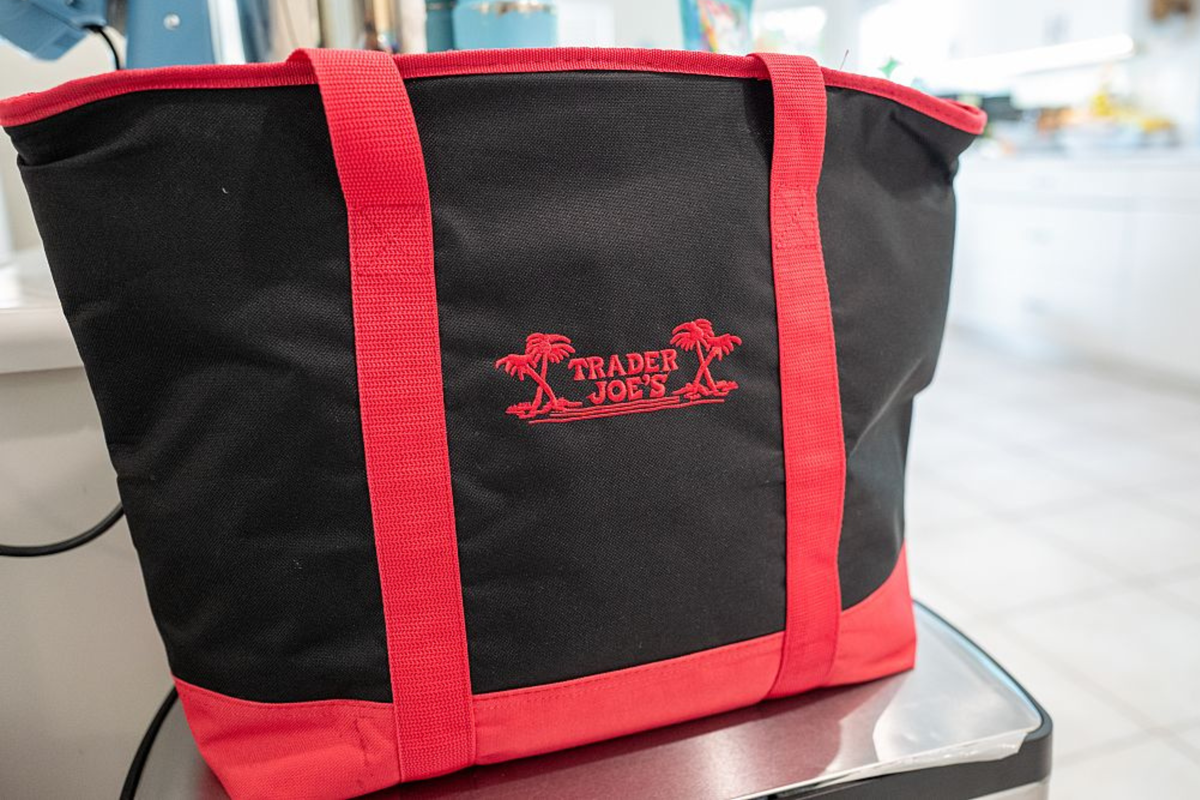  Close-up of embroidered logo on Trader Joe’s bag in a domestic home, Lafayette, California, March 4, 2026. 