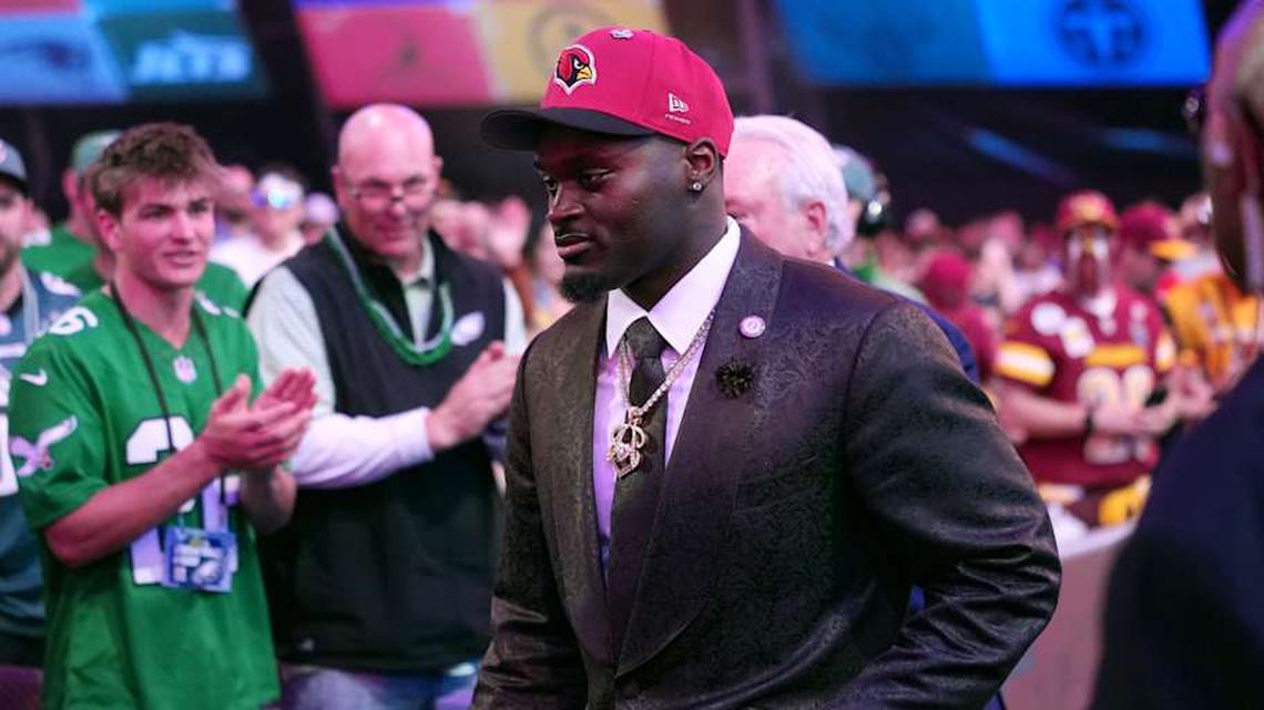  Apr 23, 2026; Pittsburgh, PA, USA; Notre Dame Fighting Irish running back Jeremiyah Love is selected by the Arizona Cardinals as the number three pick during the 2026 NFL Draft at Acrisure Stadium. Mandatory Credit: Kirby Lee-Imagn Images | Kirby Lee-Imagn Images 