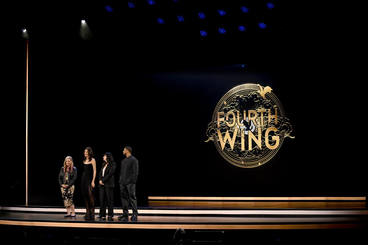 Rebecca Yarros, Lisa Joy, Meredith Averill, and Michael B. Jordan speak onstage during the Amazon Upfront at Beacon Theatre on May 11, 2026 in New York City.Roy Rochlin/Getty Images for Amazon