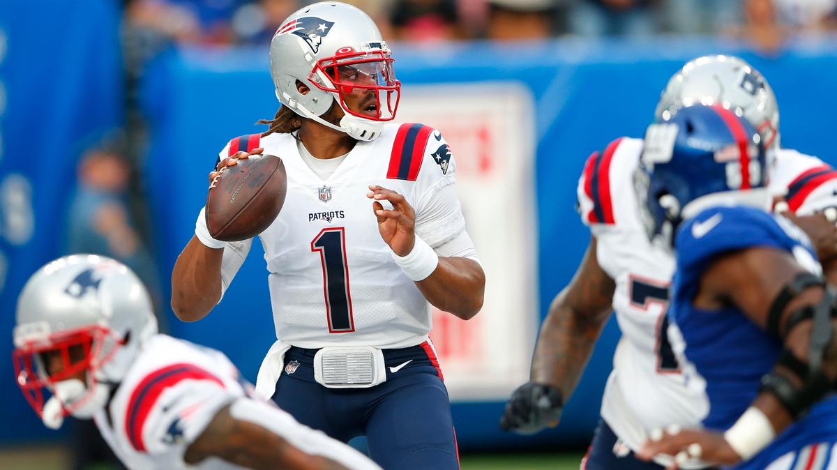 New England Patriots quarterback Cam Newton (1) looks to pass during the first half of an NFL preseason football game against the New York Giants Sunday, Aug. 29, 2021, in East Rutherford, N.J. (AP Photo/Noah K. Murray)