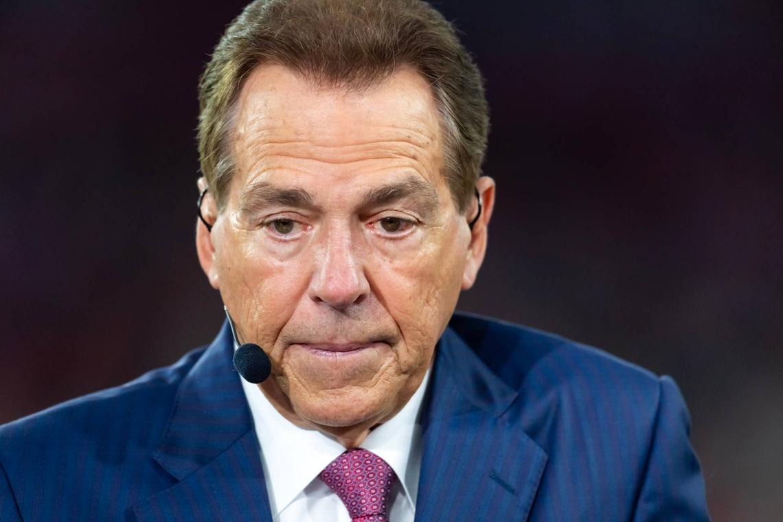  Jan 8, 2026; Glendale, AZ, USA; ESPN personality Nick Saban during 2026 Fiesta Bowl and semifinal game of the College Football Playoff at State Farm Stadium. Mandatory Credit: Mark J. Rebilas-Imagn Images 