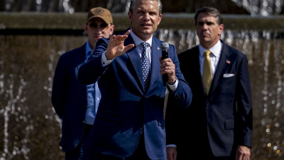 Secretary of Defense Pete Hegseth hosts a ceremony July 2 with the National Guard at Meridian Hill Park in Washington, D.C. Hegseth announced Monday that his department is working with the Department of Justice to "identify and prosecute" people over press leaks. Photo by Bonnie Cash/UPI