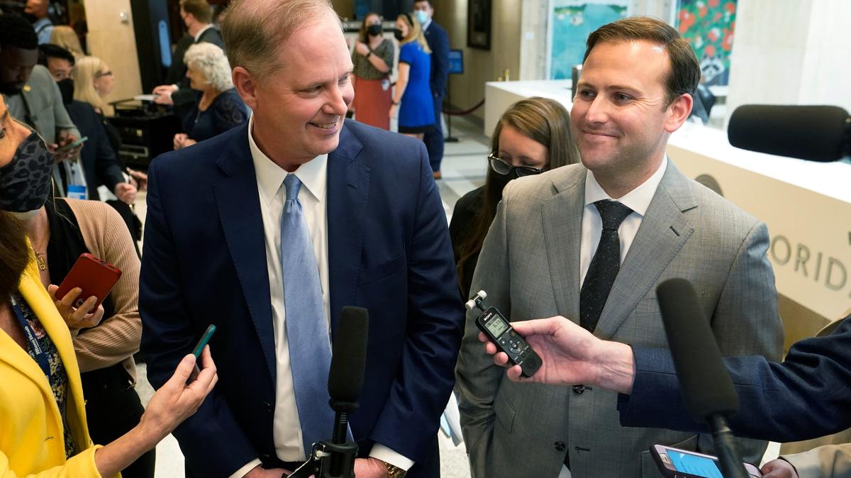 Senate President Wilton Simpson, left, and Speaker of the House Chris Sprowls at the end of the legislative session on April 30, 2021, at the Capitol in Tallahassee.