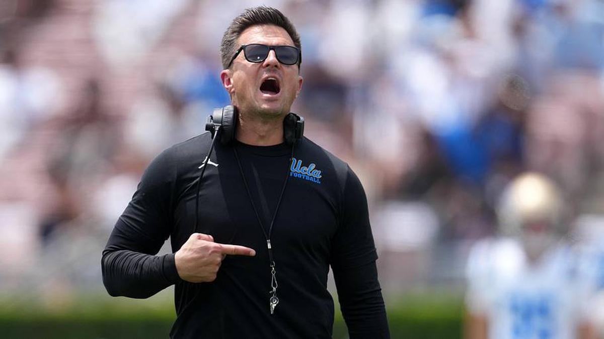  May 2, 2026; Pasadena, CA, USA; UCLA Bruins coach Bob Chesney reacts during the spring game at Rose Bowl. Mandatory Credit: Kirby Lee-Imagn Images | Kirby Lee-Imagn Images 