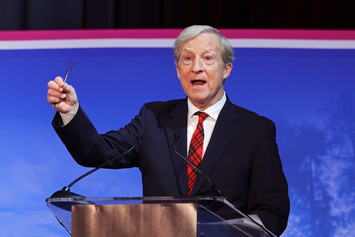 Tom Steyer speaks during the California Gubernatorial Debate on April 28, 2026 in Claremont, California. 
