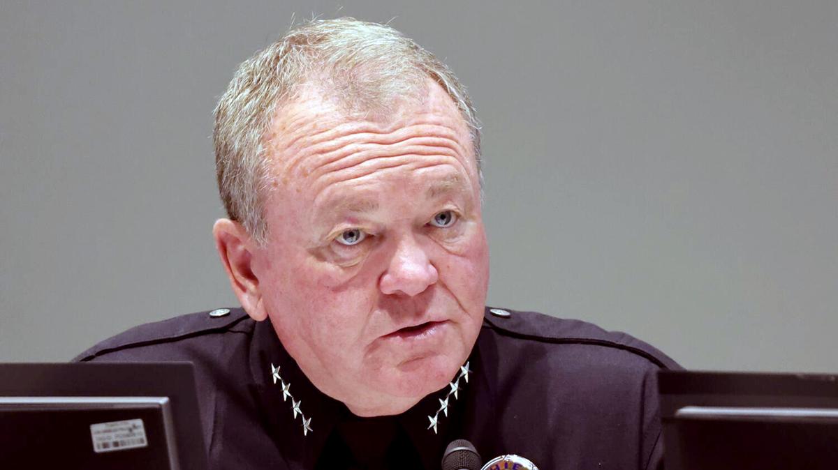 Jim McDonnell, LAPD Chief of Police, speaks at a LAPD Police Commission meeting at LAPD Headquarters in Los Angeles Tuesday, Sept. 23, 2025. (Allen J. Schaben/Los Angeles Times/TNS)