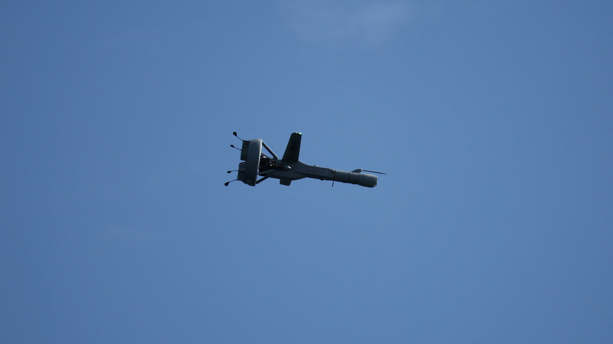 FILE PHOTO: A South Korean Navy V-BAT unmanned aerial vehicle takes part in a fleet review to mark the 80th anniversary of the Navy's founding, in the waters off Busan, South Korea, September 26, 2025.   REUTERS/Kim Hong-Ji/File Photo