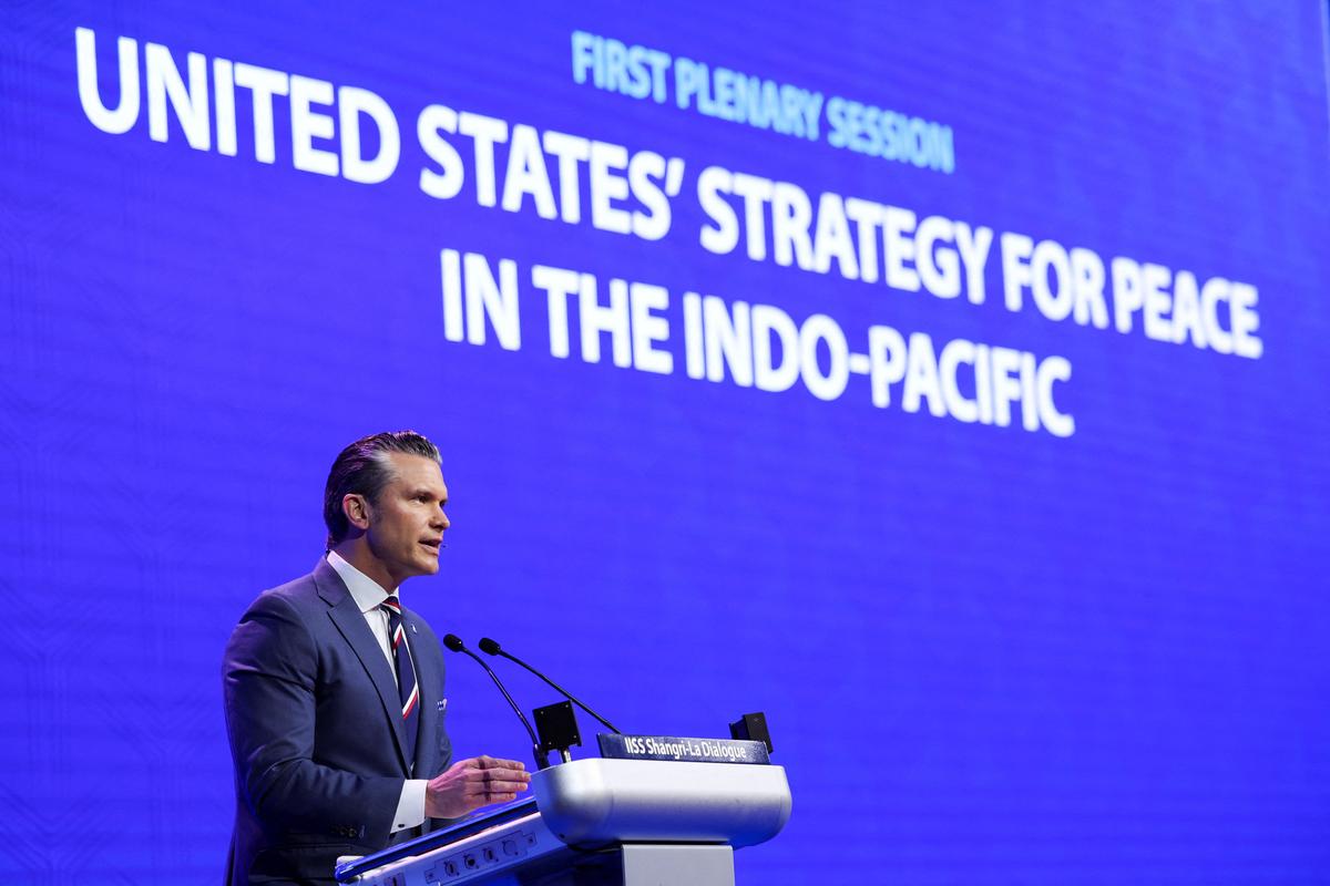 U.S. Secretary of Defense Pete Hegseth speaks at the IISS Shangri-La Dialogue security summit in Singapore, May 30, 2026. REUTERS/Edgar Su