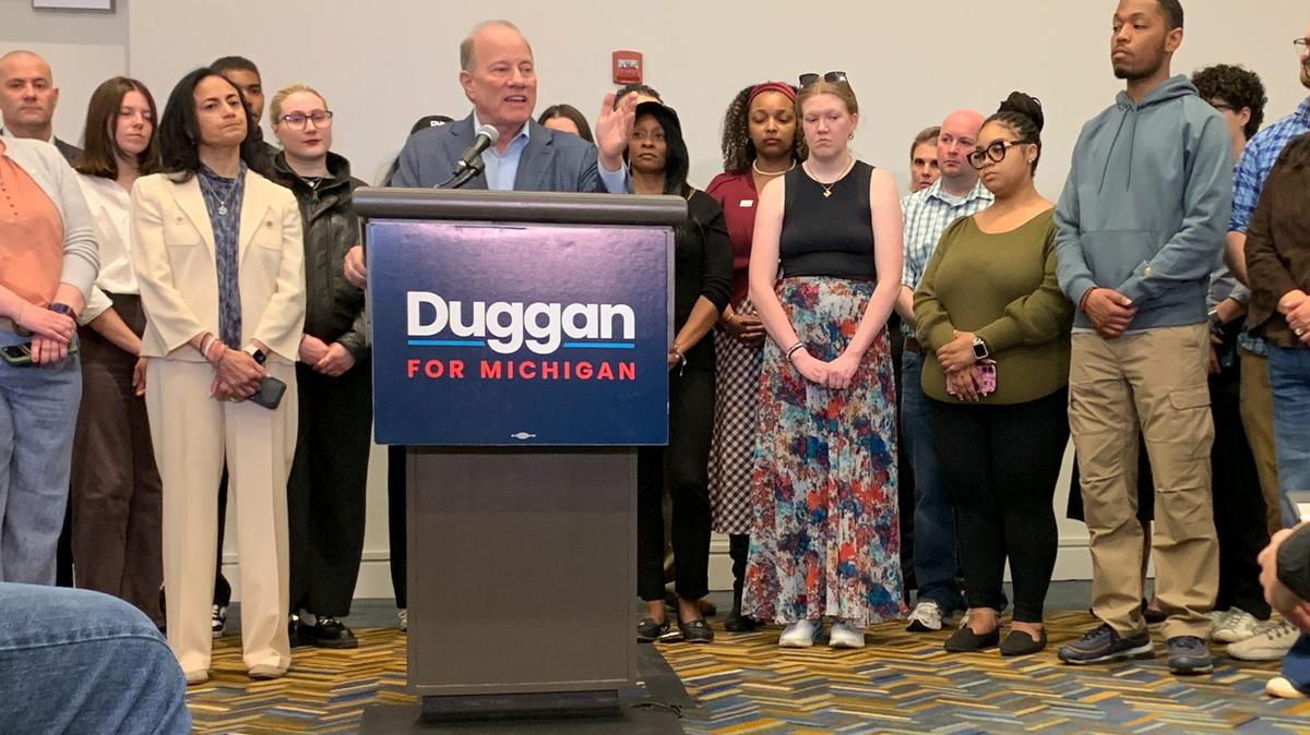 Mike Duggan announces that he is stopping his campaign for governor during a press conference on Thursday, May 21, 2026, at Huntington Place in Detroit. (Robin Buckson/The Detroit News/TNS)
