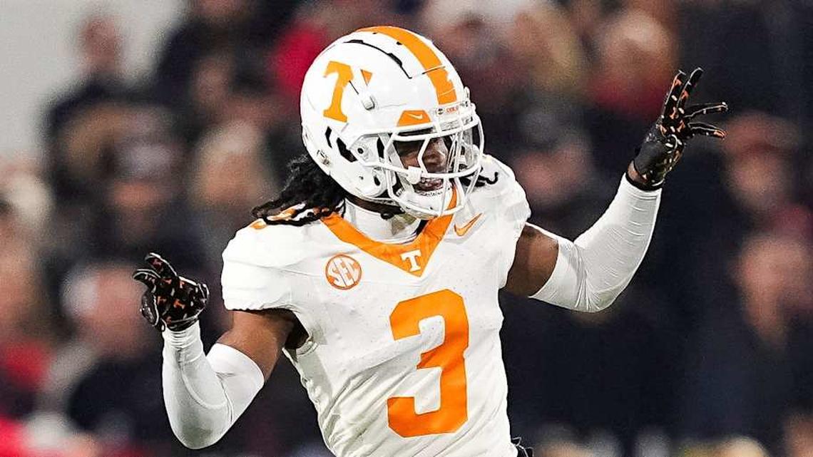  Tennessee defensive back Jermod McCoy (3) celebrates after making a play during a college football game between Tennessee and Georgia at Sanford Stadium in Athens, Ga., on Saturday, November 16, 2024. | Brianna Paciorka/News Sentinel / USA TODAY NETWORK via Imagn Images 