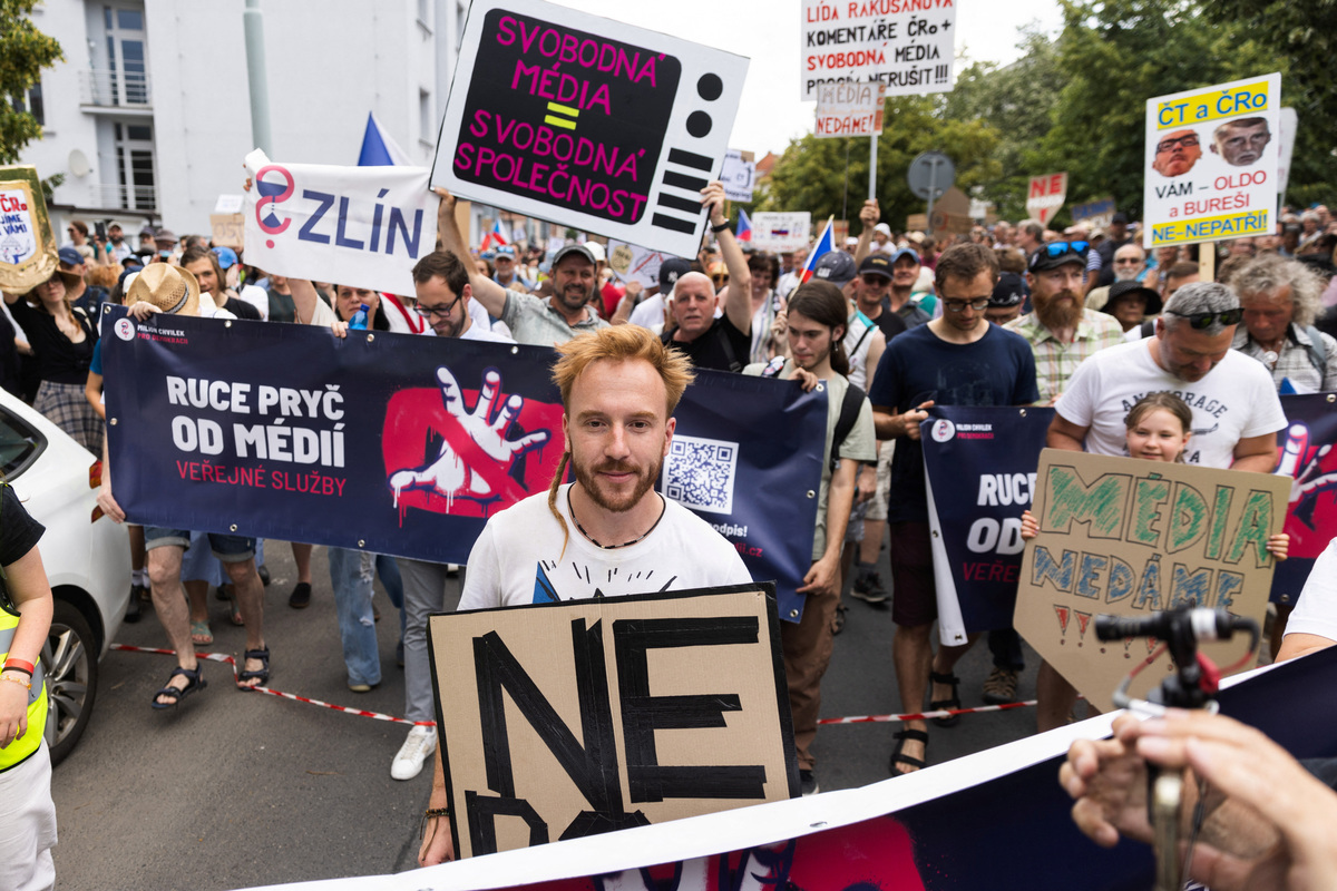 Mikulas Minar, chairman of the association Million Moments for Democracy, attends a protest rally in support of public media as the Czech government plans to revamp and cut funding for Czech TV and Czech Radio, in Prague, Czech Republic, June 21, 2026. REUTERS/Eva Korinkova