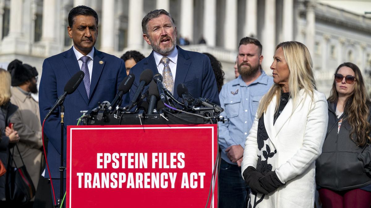 From left, Rep. Ro Khanna (D-Calif.), Rep. Thomas Massie (R-Ky.) and now former Rep. Marjorie Taylor Greene (R-Ga.) hold a news conference on the "Epstein Files Transparency Act" at the U.S. Capitol in Washington on Nov. 18, 2025. Massie and Khanna sent a letter asking to take up an offer to review unredacted versions of the document production outlined by Deputy Attorney General Todd Blanche last week.