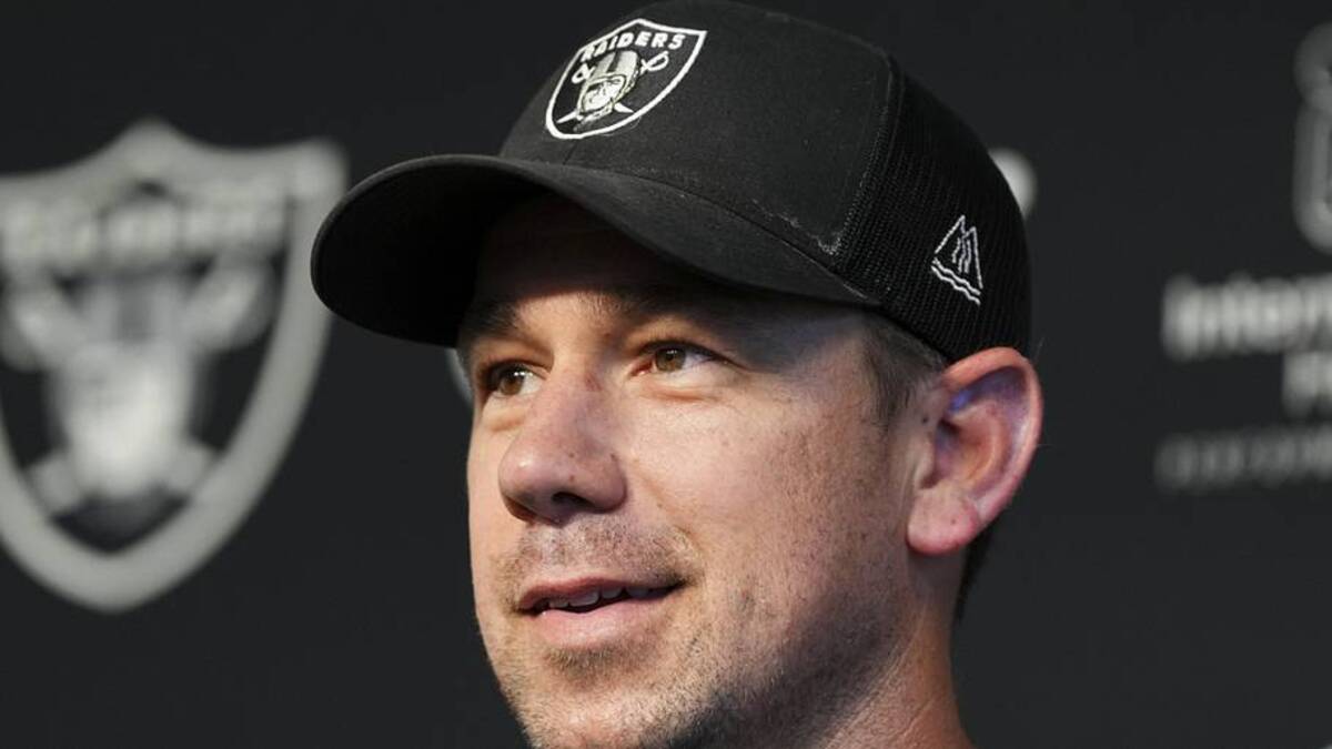  May 20, 2026; Henderson, NV, USA; Las Vegas Raiders head coach Klint Kubiak speaks during a news conference during organized team activities at Intermountain Health Performance Center. Mandatory Credit: Candice Ward-Imagn Images | Candice Ward-Imagn Images 