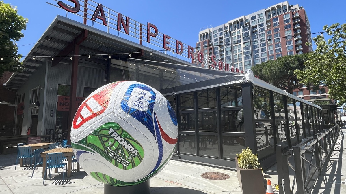 Giant soccer ball with a FIFA World Cup logo is visible next to San Pedro Square Market in downtown San Jose, seen on June 4, 2026.

(George Avalos/Bay Area News Group)