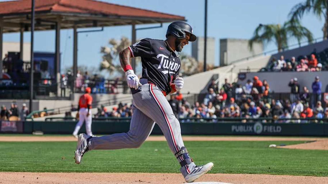 Feb 23, 2026; Lakeland, Florida, USA; Minnesota Twins center fielder Emmanuel Rodriguez (33) rounds third after hitting a home run against the Detroit Tigers at Publix Field at Joker Marchant Stadium. | Mike Watters-Imagn Images 