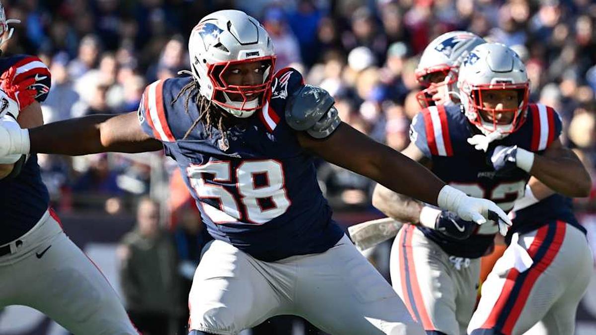  Nov 2, 2025; Foxborough, Massachusetts, USA; New England Patriots center Jared Wilson (58) in coverage during the first half against the Atlanta Falcons at Gillette Stadium. Mandatory Credit: Eric Canha-Imagn Images | Eric Canha-Imagn Images 