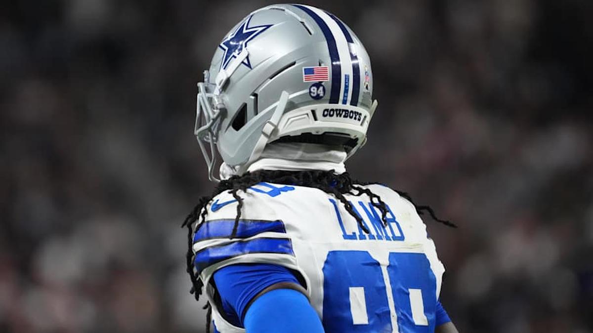  Nov 17, 2025; Paradise, Nevada, USA; Dallas Cowboys wide receiver CeeDee Lamb (88) wears a "94" decal on his helmet to honor teammate Marshawn Kneeland who tragically passed on November 6th, during the first half against the Las Vegas Raiders at Allegiant Stadium. | Kirby Lee-Imagn Images 