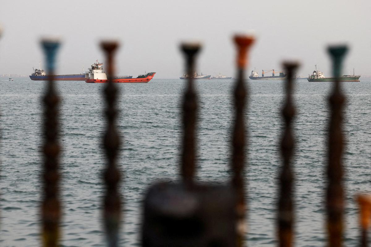 Vessels in the Strait of Hormuz are visible near the beach of Bandar Abbas, Iran, May 22, 2026. Majid Asgaripour/WANA (West Asia News Agency) via REUTERS