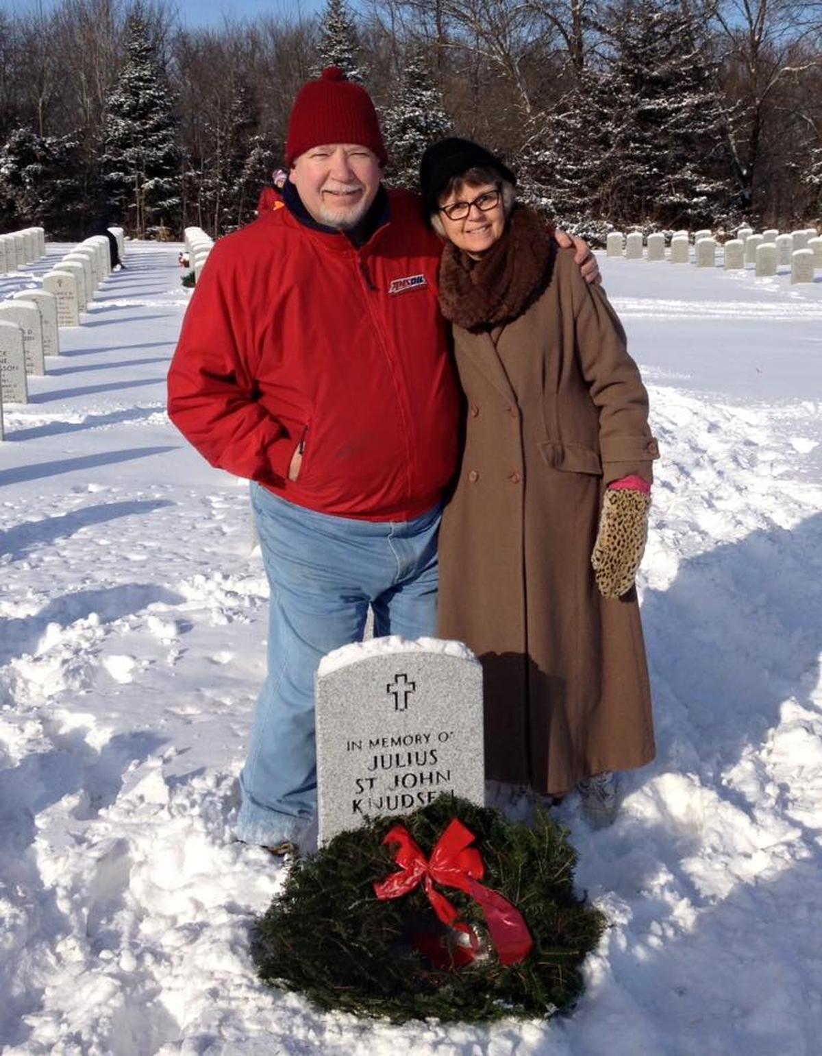  Jim Knudsen and his wife, Sue, at the Wreaths of the Fallen ceremony at the Minnesota State Veterans Cemetery near Little Falls. If Julius’ remains are identified, he will be buried in this plot. (Photo courtesy of Knudsen family) 