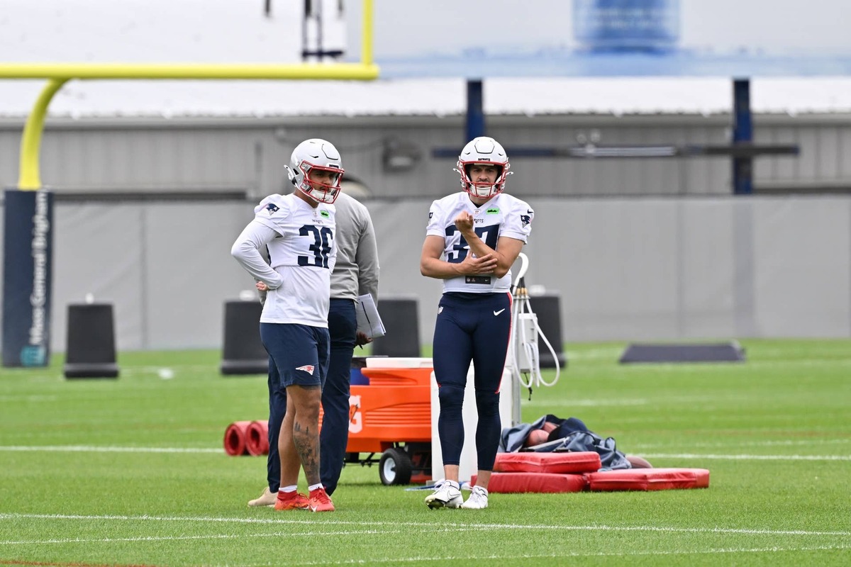  New England Patriots place kicker Andres Borregales (36) and New England Patriots place kicker John Parker Romo (37) wait for the start of a drill during 2025 minicamp at Gillette Stadium. There is no competition in camp this time around for Borregales. Eric Canha-Imagn Images