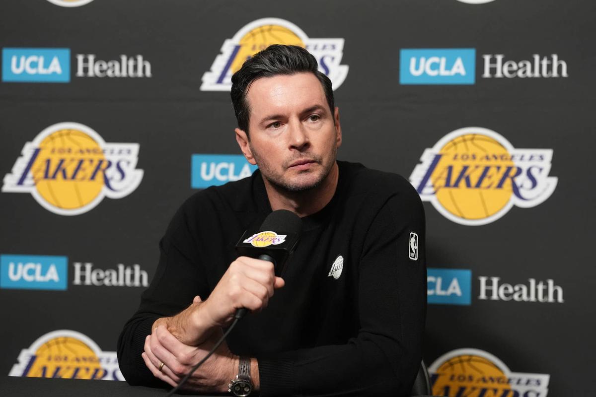  Los Angeles Lakers head coach JJ Redick speaks with reporters. Kirby Lee-Imagn Images