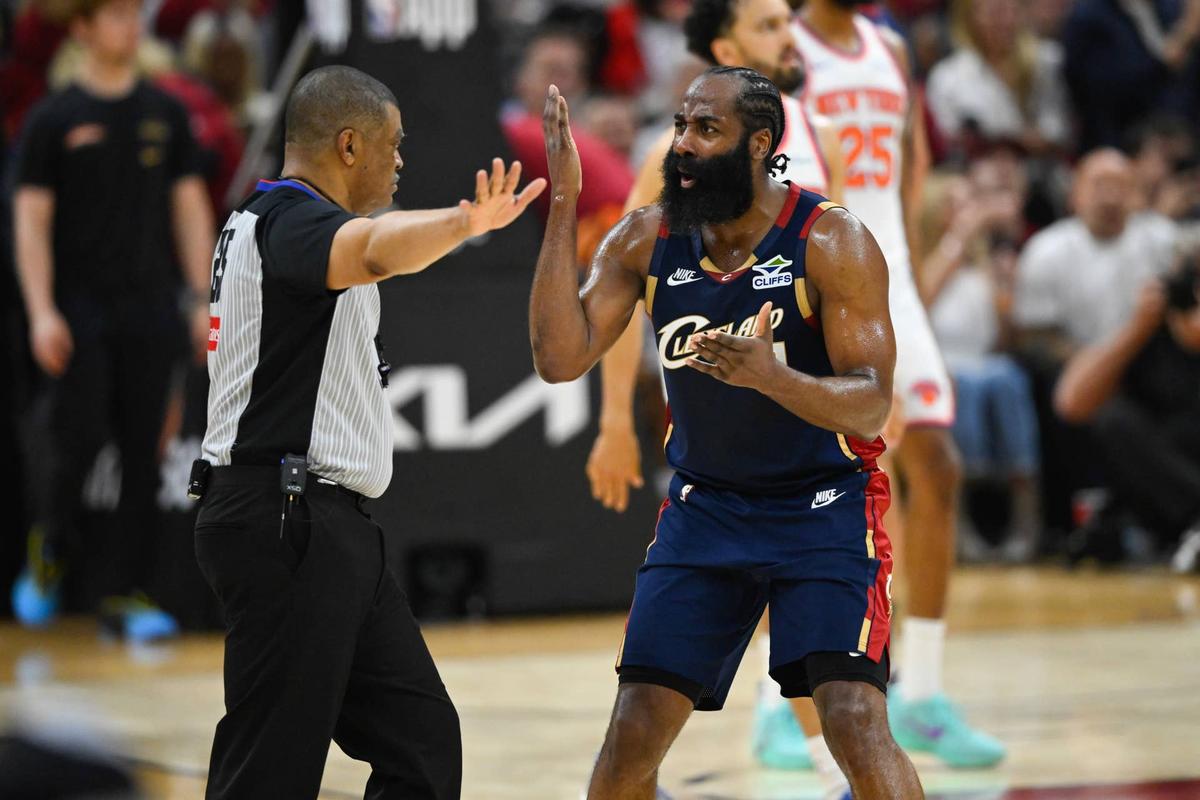  Cleveland Cavaliers guard James Harden (1) in the 2026 NBA playoffs at Rocket Arena. David Richard-Imagn Images