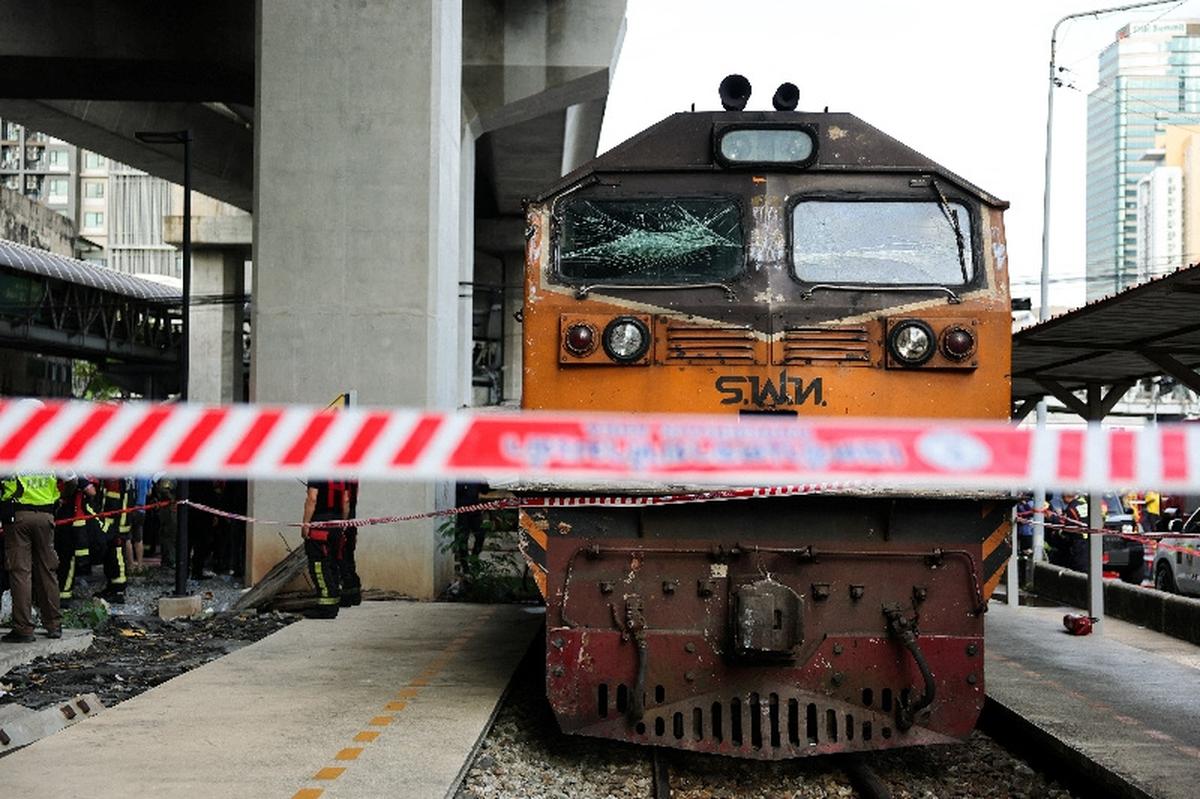 A view of a train after its collision with a bus and several cars on Asok-Din Daeng Road, causing several casualties, in Bangkok, Thailand, May 16, 2026. REUTERS/Athit Perawongmetha