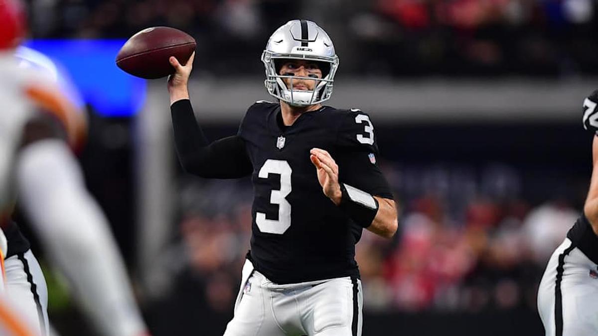  Jan 7, 2023; Paradise, Nevada, USA; Las Vegas Raiders quarterback Jarrett Stidham (3) throws against the Kansas City Chiefs during the first half at Allegiant Stadium. Mandatory Credit: Gary A. Vasquez-Imagn Images | Gary A. Vasquez-Imagn Images 
