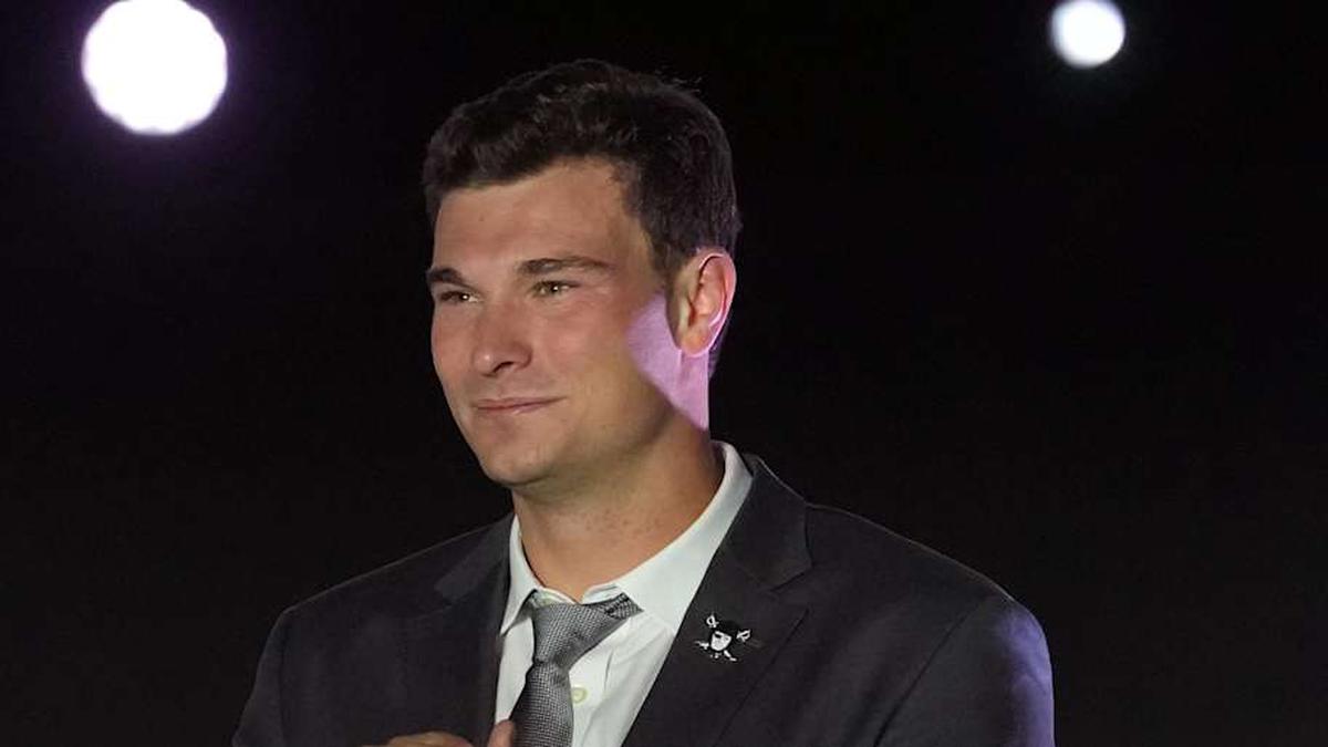  Apr 24, 2026; Henderson, NV, USA; Las Vegas Raiders quarterback Fernando Mendoza at the Festival of Football at the Intermountain Health Performance Center. Mandatory Credit: Kirby Lee-Imagn Images | Kirby Lee-Imagn Images 