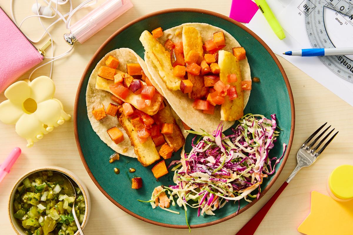 Halloumi and Sweet Potato Tacos. Food styled by Monica Pierini. Prop styled by Megan Hedgpeth. (Ryan Liebe/The New York Times)