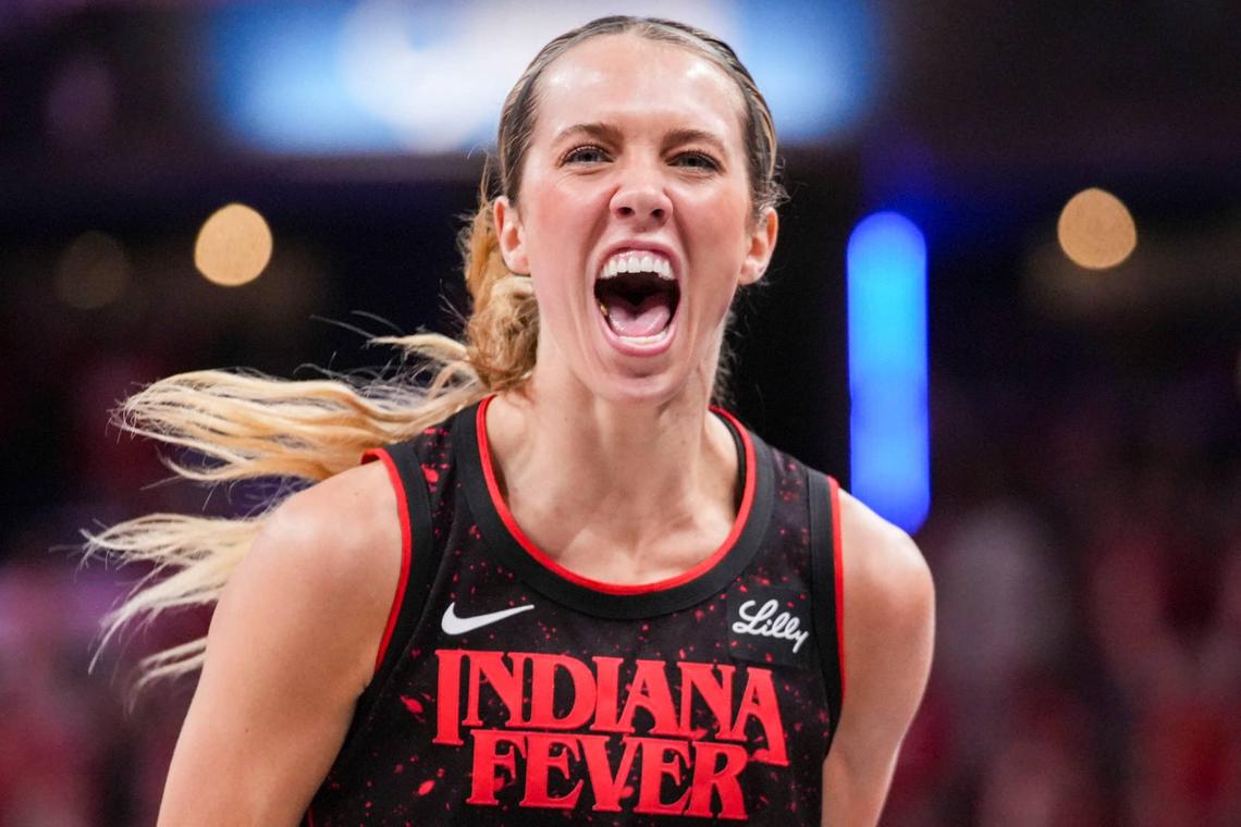  Indiana Fever guard Lexie Hull (10) celebrates a 3-pointer during a game. Grace Smith/IndyStar / USA TODAY NETWORK via Imagn Images