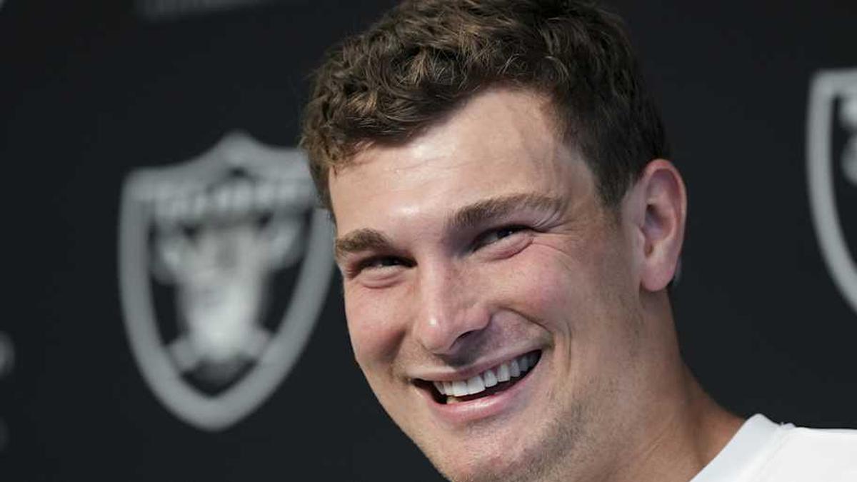  May 2, 2026; Henderson, NV, USA; Las Vegas Raiders quarterback Fernando Mendoza (15) speaks during a news conference at the team's Rookie Minicamp at Intermountain Health Performance Center. Mandatory Credit: Candice Ward-Imagn Images | Candice Ward-Imagn Images 