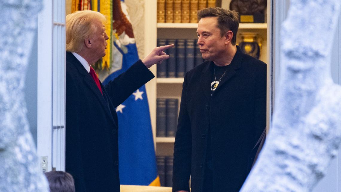 President Donald Trump and Elon Musk speak before departing the White House on March 14.
