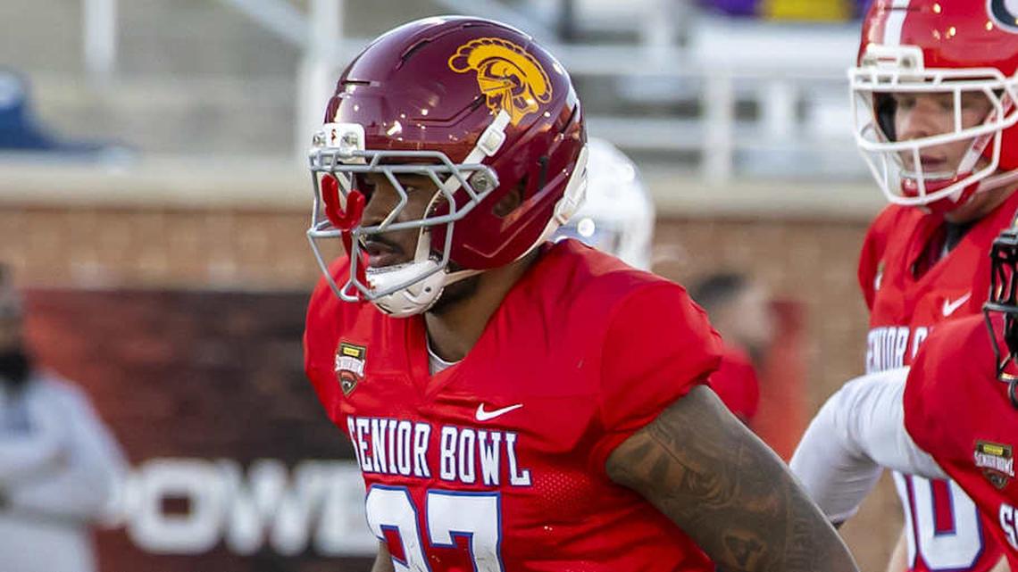  Jan 28, 2026; Mobile, AL, USA; American Team safety Kamari Ramsey (27) of USC drills during American Senior Bowl practice at Hancock Whitney Stadium. Mandatory Credit: Vasha Hunt-Imagn Images | Vasha Hunt-Imagn Images 