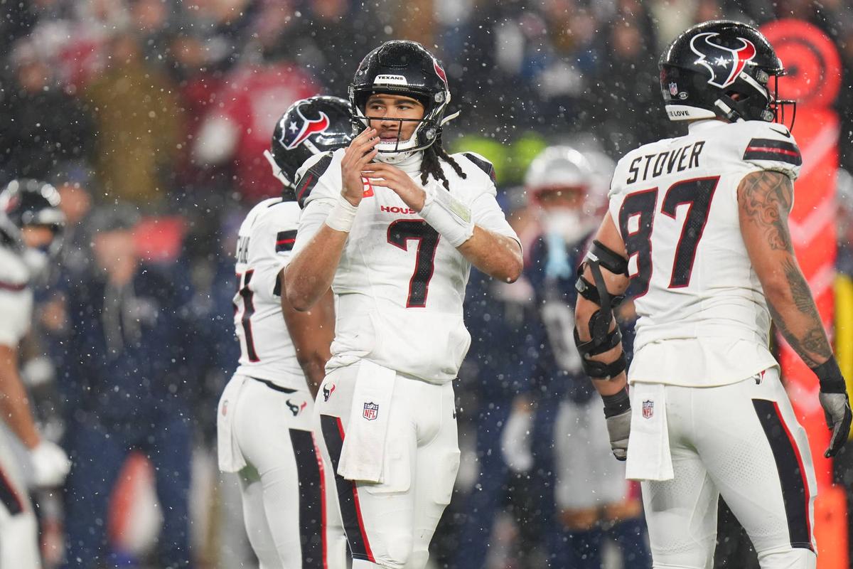  Jan 18, 2026; Foxborough, MA, USA; Houston Texans quarterback C.J. Stroud (7) calls for a time out in the fourth quarter against the New England Patriots in an AFC Divisional Round game at Gillette Stadium. Mandatory Credit: Brian Fluharty-Imagn Images 