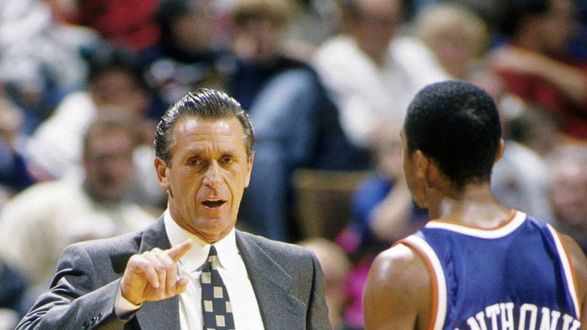  Unknown date & location, USA: FILE PHOTO; New York Knicks head coach Pat Riley (left) talks to guard Greg Anthony (50) on the sideline during the 1993 season. Mandatory Credit: Imagn Images | RVR Photos-Imagn Images 