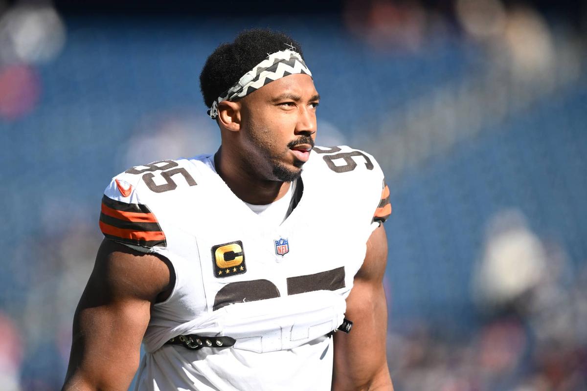  Oct 26, 2025; Foxborough, Massachusetts, USA; Cleveland Browns defensive end Myles Garrett (95) looks on during warm up prior to the game against the New England Patriots at Gillette Stadium. Mandatory Credit: Brian Fluharty-Imagn Images 