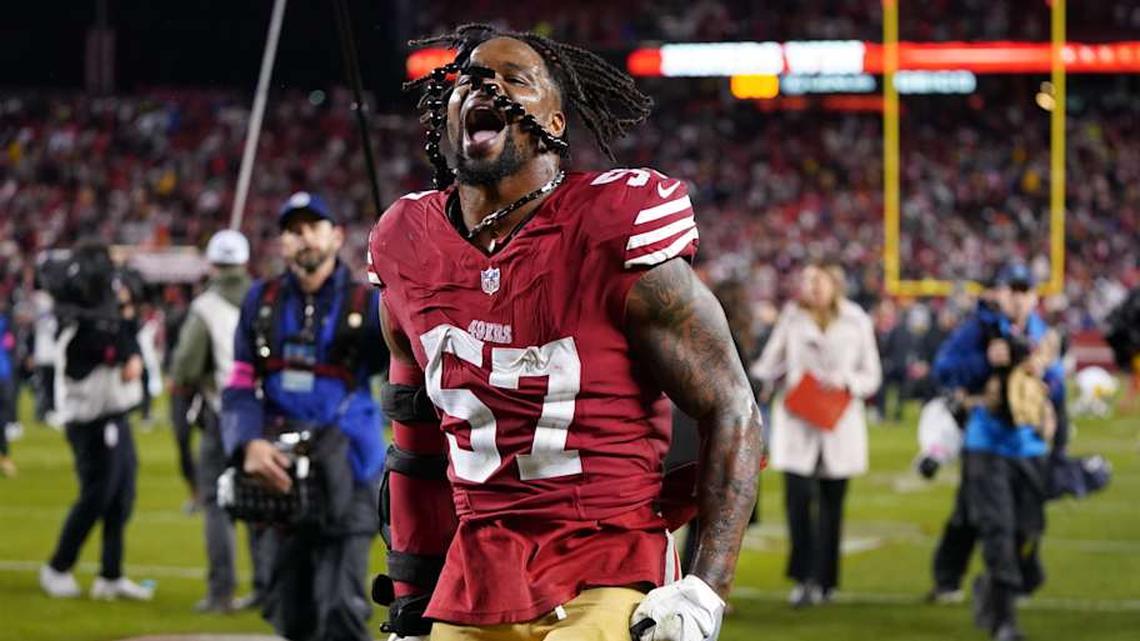  January 20, 2024; Santa Clara, CA, USA; San Francisco 49ers linebacker Dre Greenlaw (57) celebrates after defeating the Green Bay Packers in a 2024 NFC divisional round game at Levi's Stadium. Mandatory Credit: Kyle Terada-Imagn Images | Kyle Terada-Imagn Images 