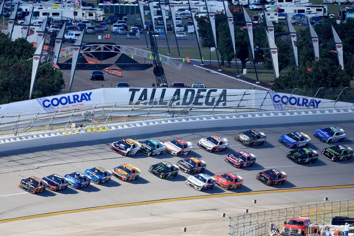  NASCAR drivers race around the turn at Talladega Superspeedway. (Photo by David J. Griffin/Icon Sportswire via Getty Images)