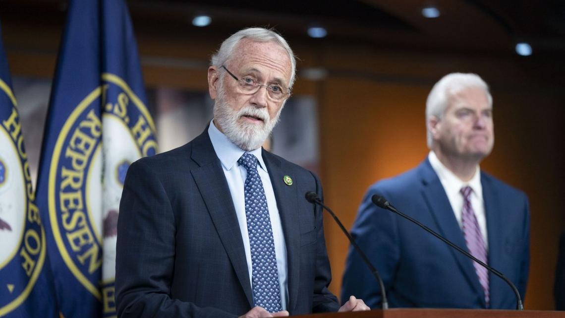 Rep. Dan Newhouse, R-Wash., speaks during a press conference after a weekly House Republican caucus meeting at the U.S. Capitol in March 2025.