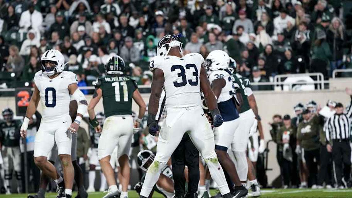  Nov 15, 2025; East Lansing, Michigan, USA; Penn State defensive end Dani Dennis-Sutton (33) celebrates a sack on Michigan State quarterback Alessio Milivojevic (11) in the fourth quarter at Spartan Stadium. | Brendan Mullin-Imagn Images 