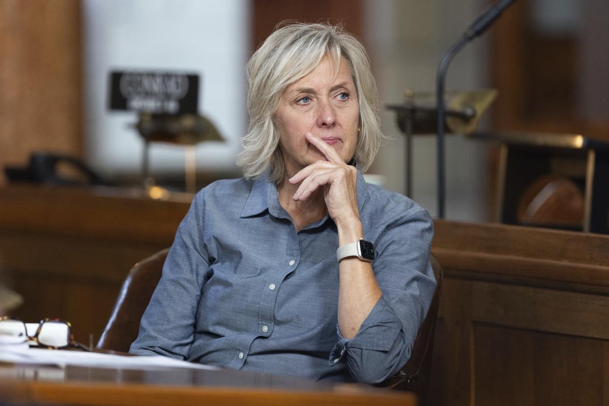  Lynne Walz, a former Nebraska state senator, listens to a speech on the legislative floor of the Nebraska State Capitol in Lincoln on August 8, 2024. 