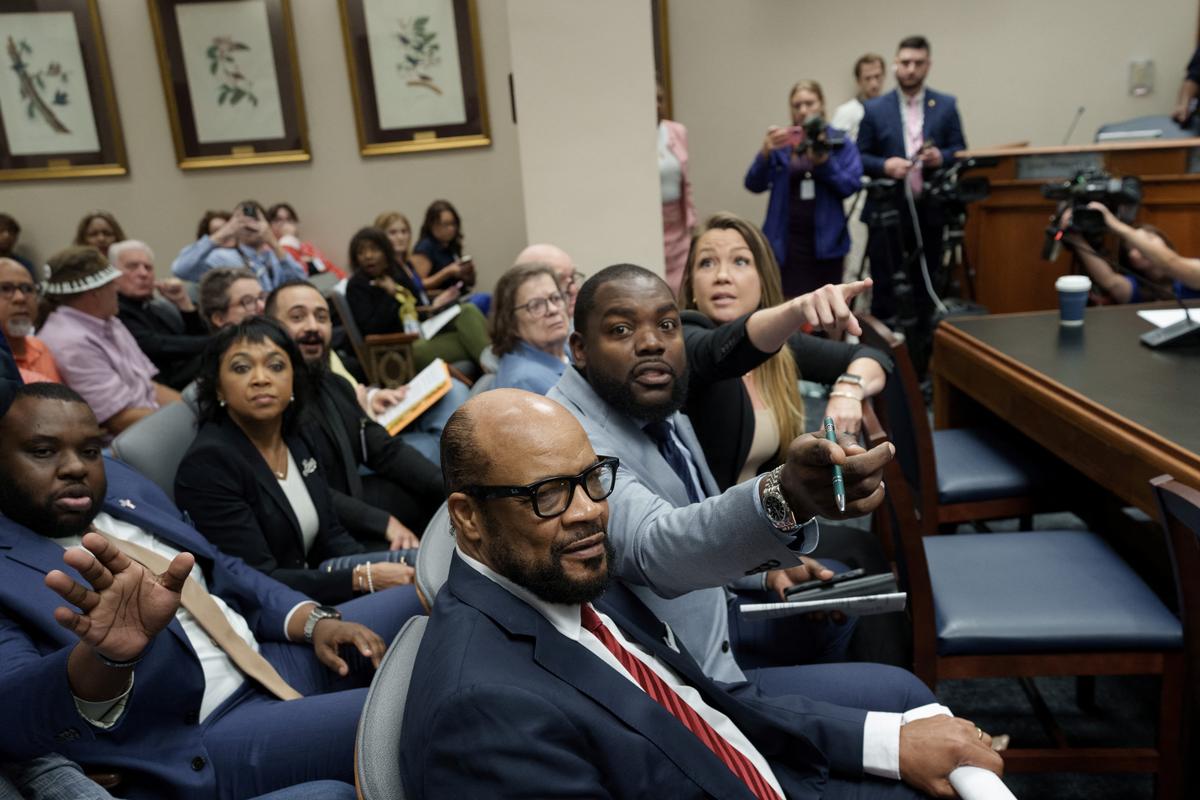 People point at Louisiana State Senator Jay Morris (not pictured) during a public hearing on redistricting as Louisiana Republicans pursue a new congressional voting map ahead of the November midterm elections, in Baton Rouge, Louisiana, U.S., May 8, 2026. REUTERS/Wayan Barre