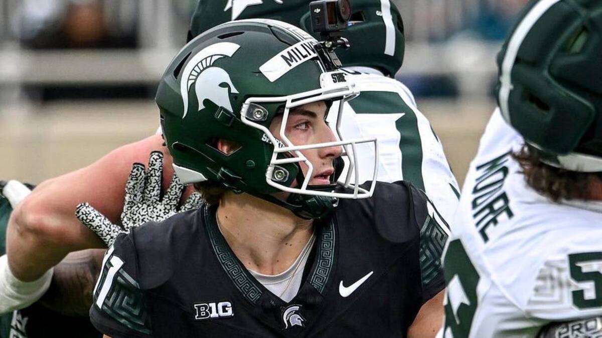  Michigan State's Alessio Milivojevic looks to throw during the football Spring Showcase on Saturday, April 18, 2026, at Spartan Stadium in East Lansing. | Nick King/Lansing State Journal / USA TODAY NETWORK via Imagn Images 